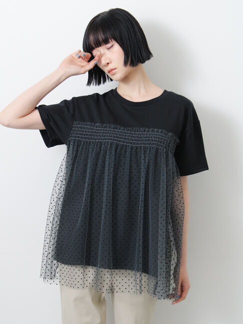 Samansa Mos2「◇【接触冷感/UVカット】ドットチュールドッキングTシャツ」|Tシャツ・カットソー|