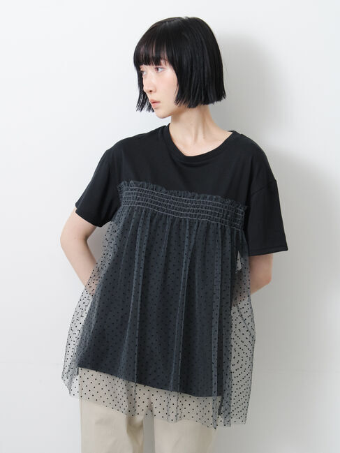 Samansa Mos2「◇【接触冷感/UVカット】ドットチュールドッキングTシャツ」|Tシャツ・カットソー|