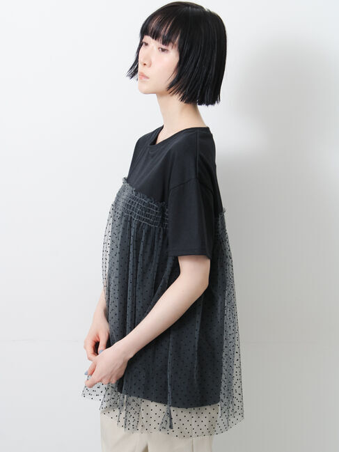 Samansa Mos2「◇【接触冷感/UVカット】ドットチュールドッキングTシャツ」|Tシャツ・カットソー|