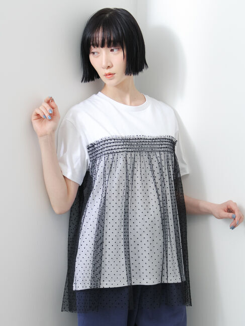 Samansa Mos2「◇【接触冷感/UVカット】ドットチュールドッキングTシャツ」|Tシャツ・カットソー|