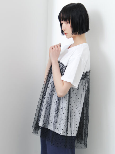 Samansa Mos2「◇【接触冷感/UVカット】ドットチュールドッキングTシャツ」|Tシャツ・カットソー|