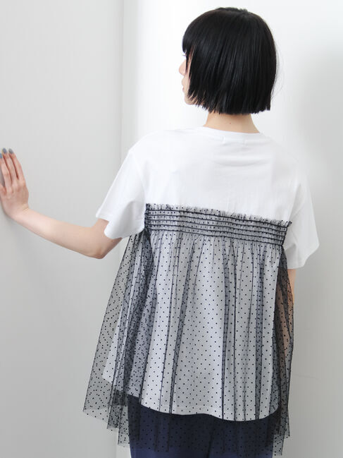 Samansa Mos2「◇【接触冷感/UVカット】ドットチュールドッキングTシャツ」|Tシャツ・カットソー|