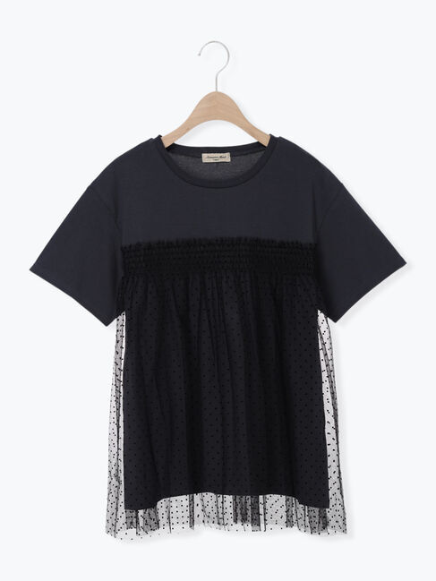 Samansa Mos2「◇【接触冷感/UVカット】ドットチュールドッキングTシャツ」|Tシャツ・カットソー|チャコールグレー