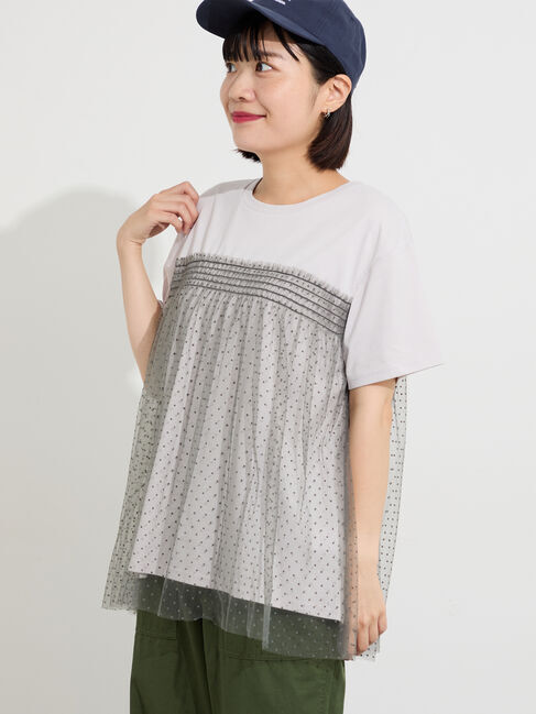 Samansa Mos2「◇【接触冷感/UVカット】ドットチュールドッキングTシャツ」|Tシャツ・カットソー|Ｓグレー