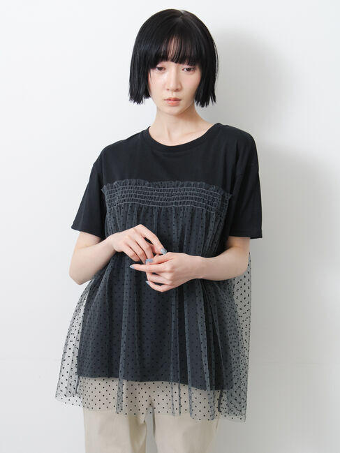 Samansa Mos2「◇【接触冷感/UVカット】ドットチュールドッキングTシャツ」|Tシャツ・カットソー|ブラック