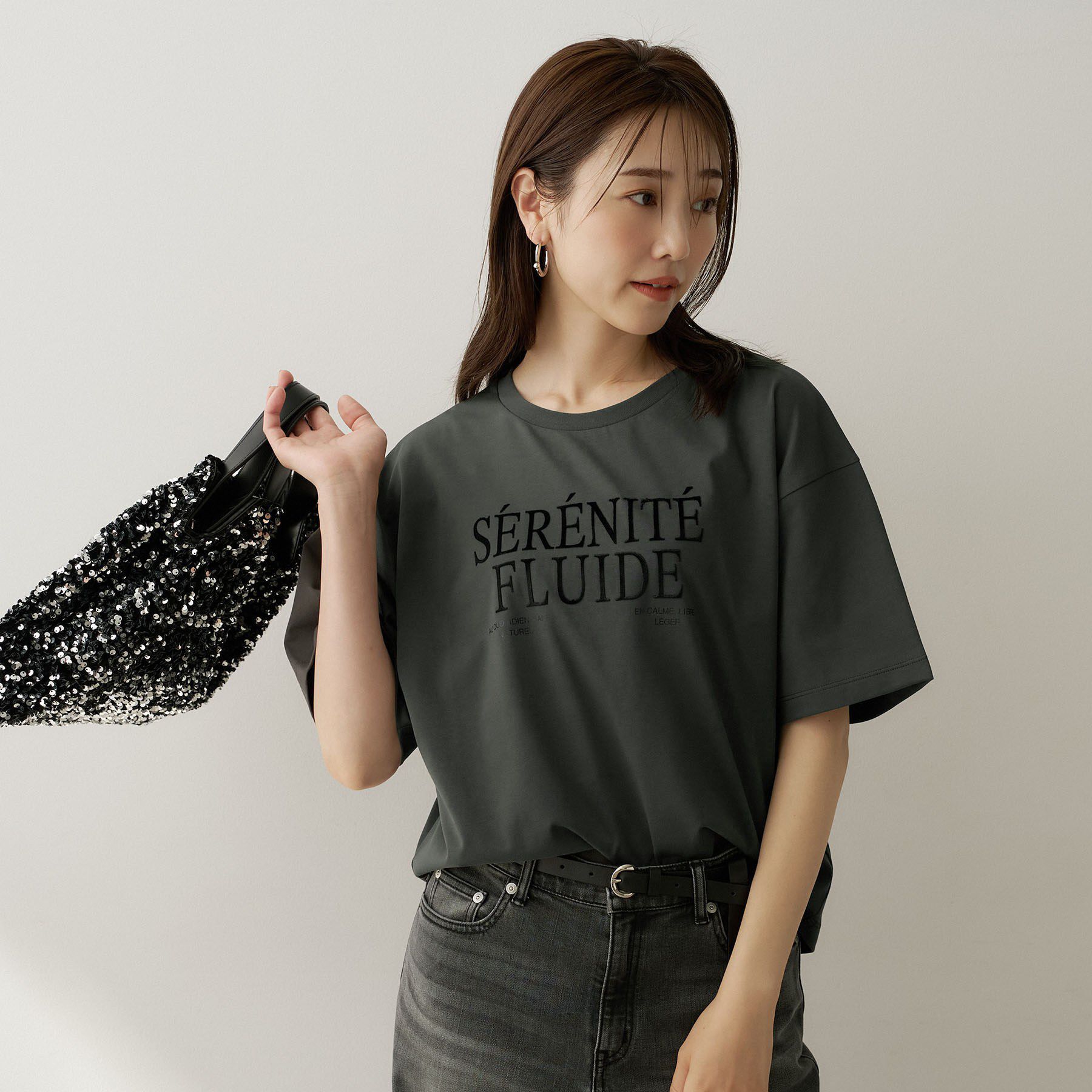 UNTITLED「ベロアプリントロゴT」|Tシャツ・カットソー|チャコールグレー(1