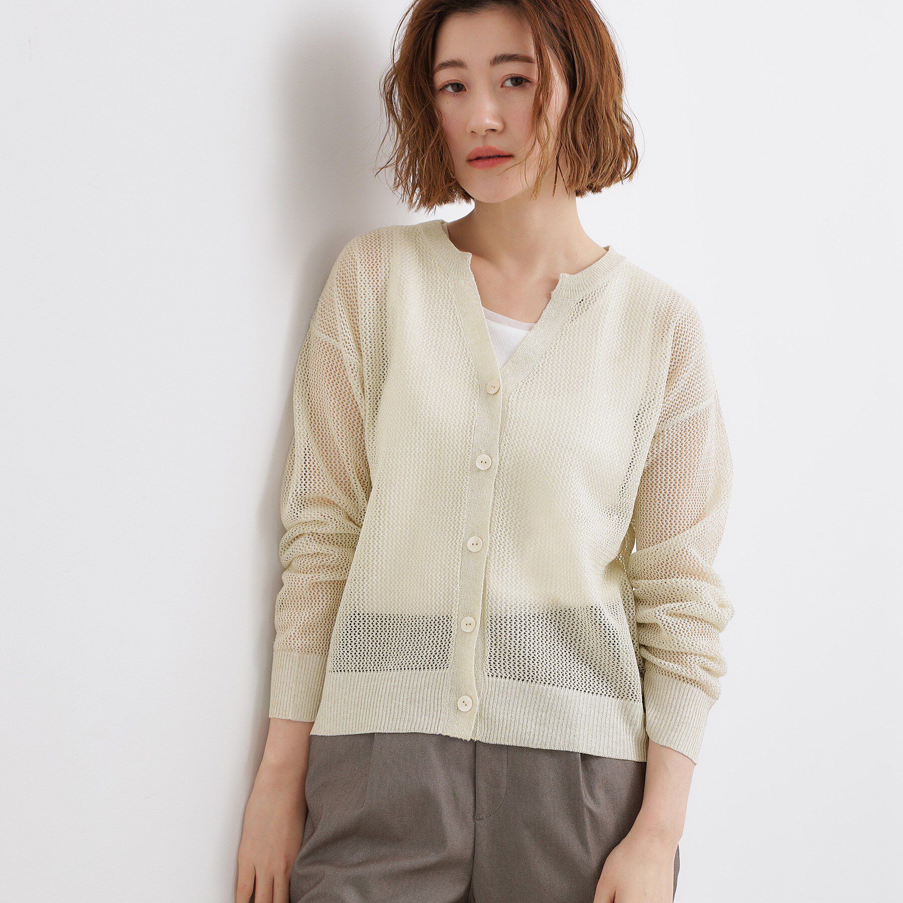 grove「【貴島明日香さん着用】ラメメッシュキーネックカーディガン」|カーディガン|