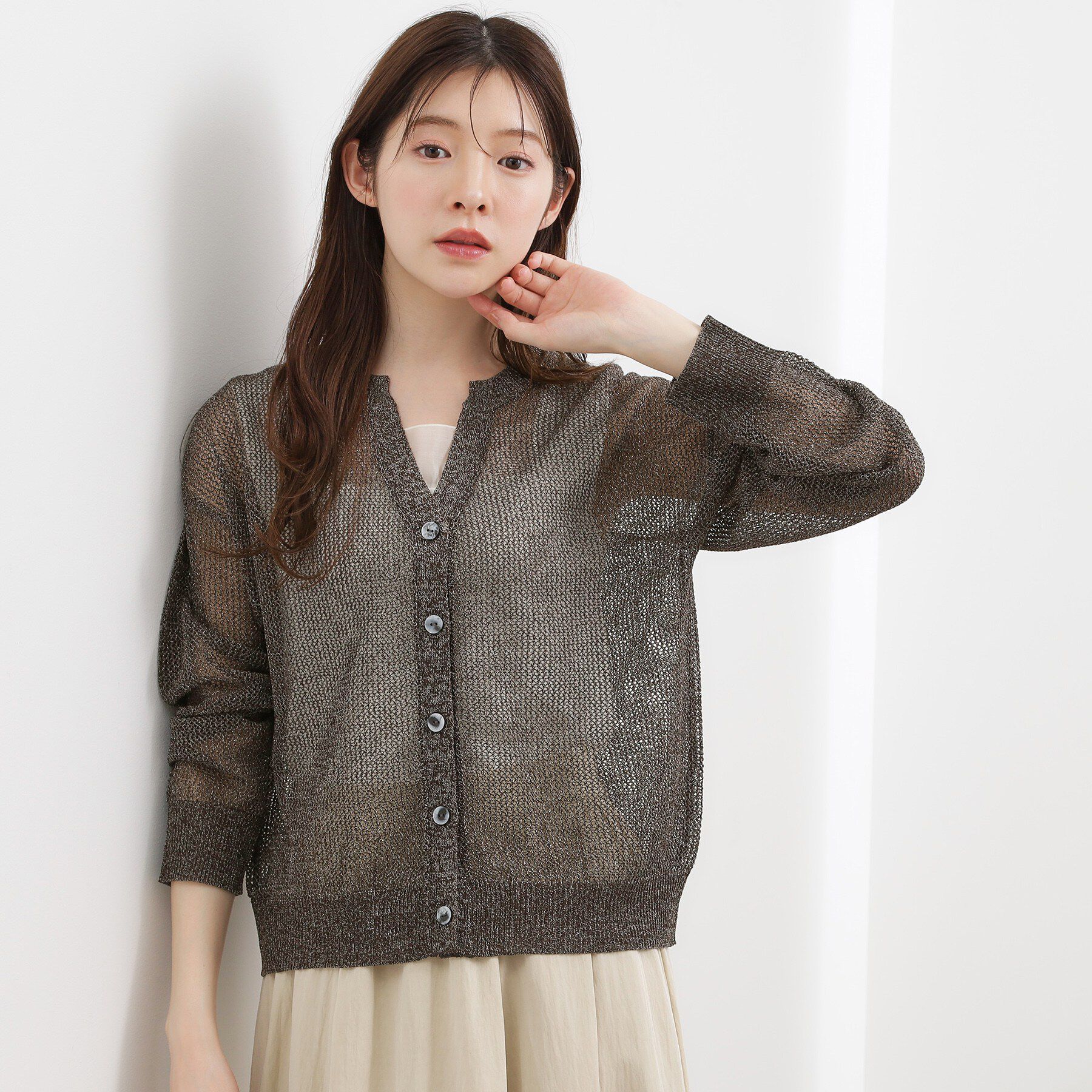 grove「【貴島明日香さん着用】ラメメッシュキーネックカーディガン」|カーディガン|
