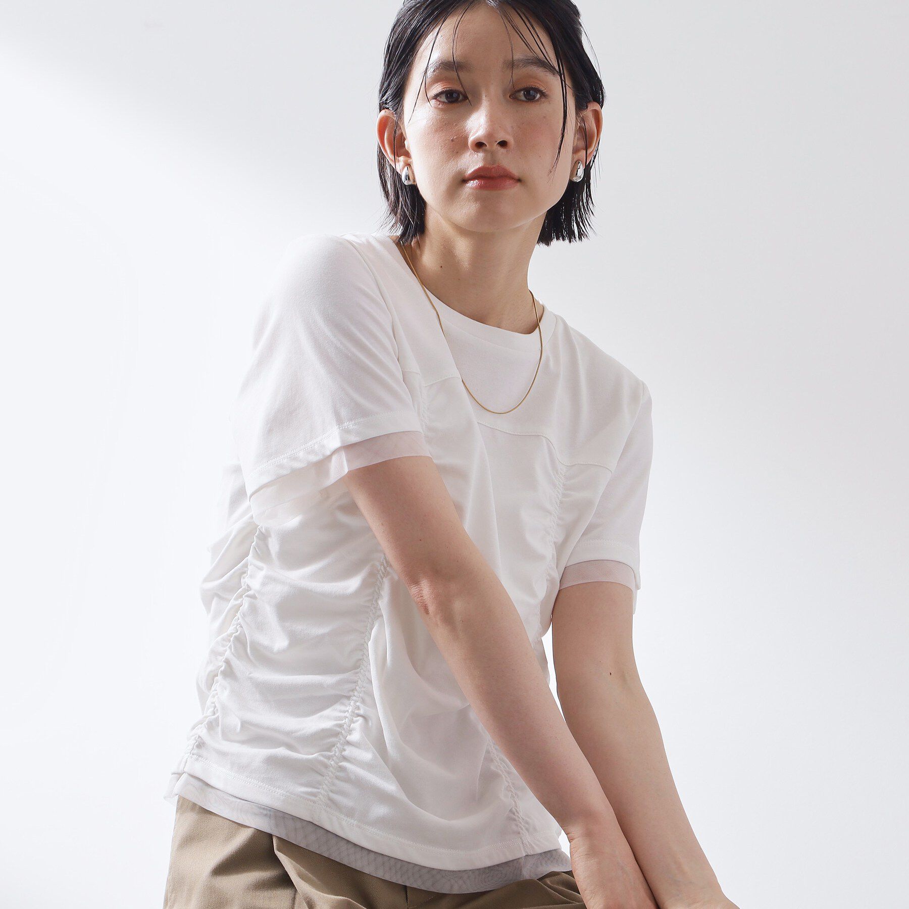 THE SHOP TK「【ひんやり】シャーリングデザインカットソー」|Tシャツ・カットソー|オフホワイト(003