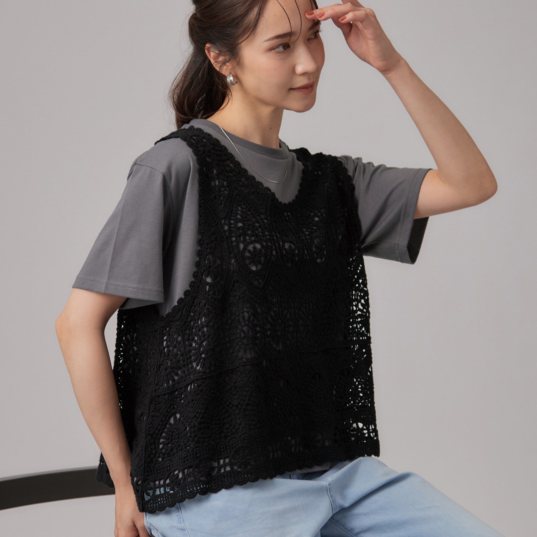 SHOO･LA･RUE「【2点セット】クロシェベスト+ロゴTセット」|Tシャツ・カットソー|ブラック(019)
