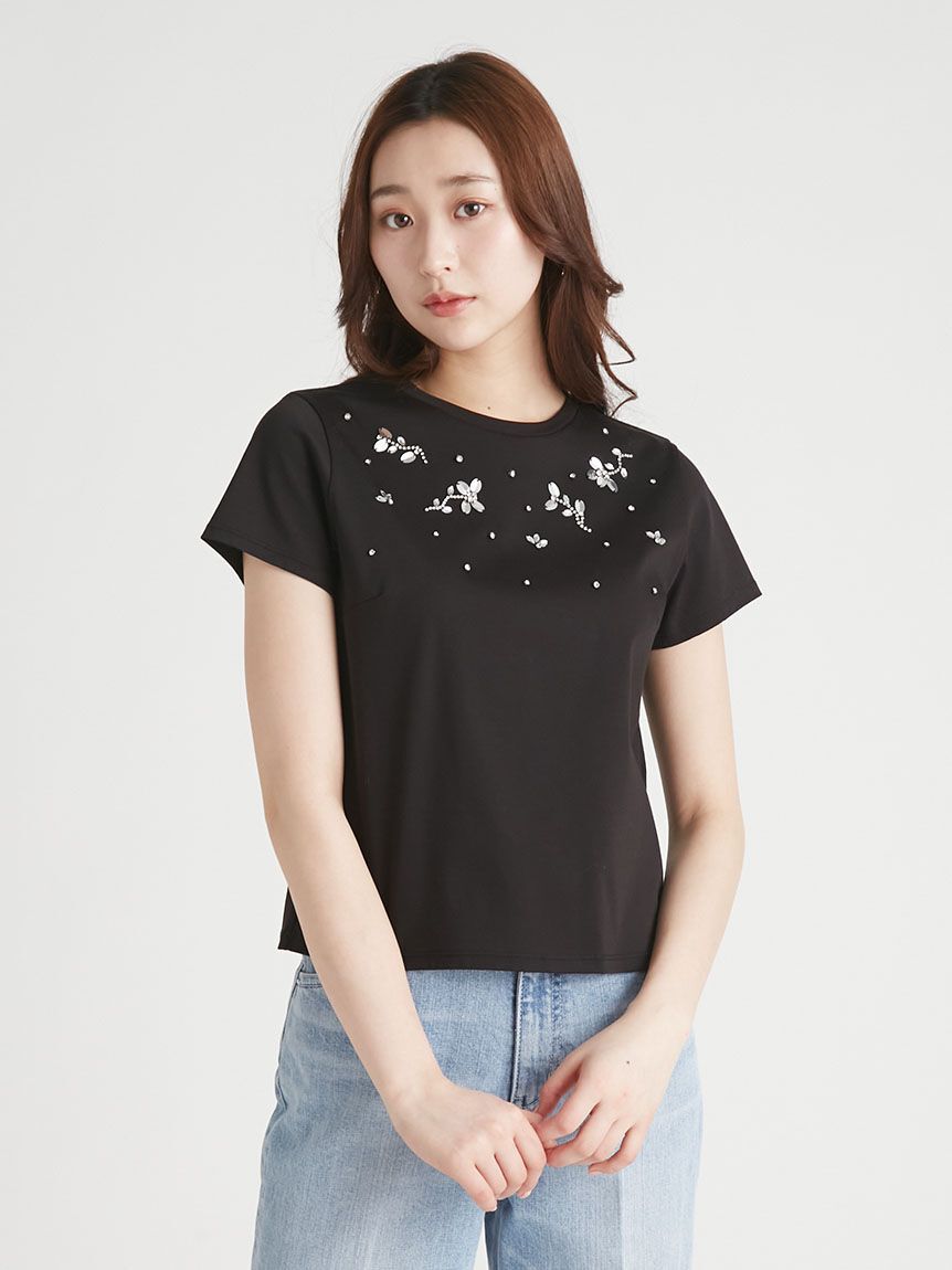 CELFORD「フラワービジューTシャツ」|Tシャツ・カットソー|BLK