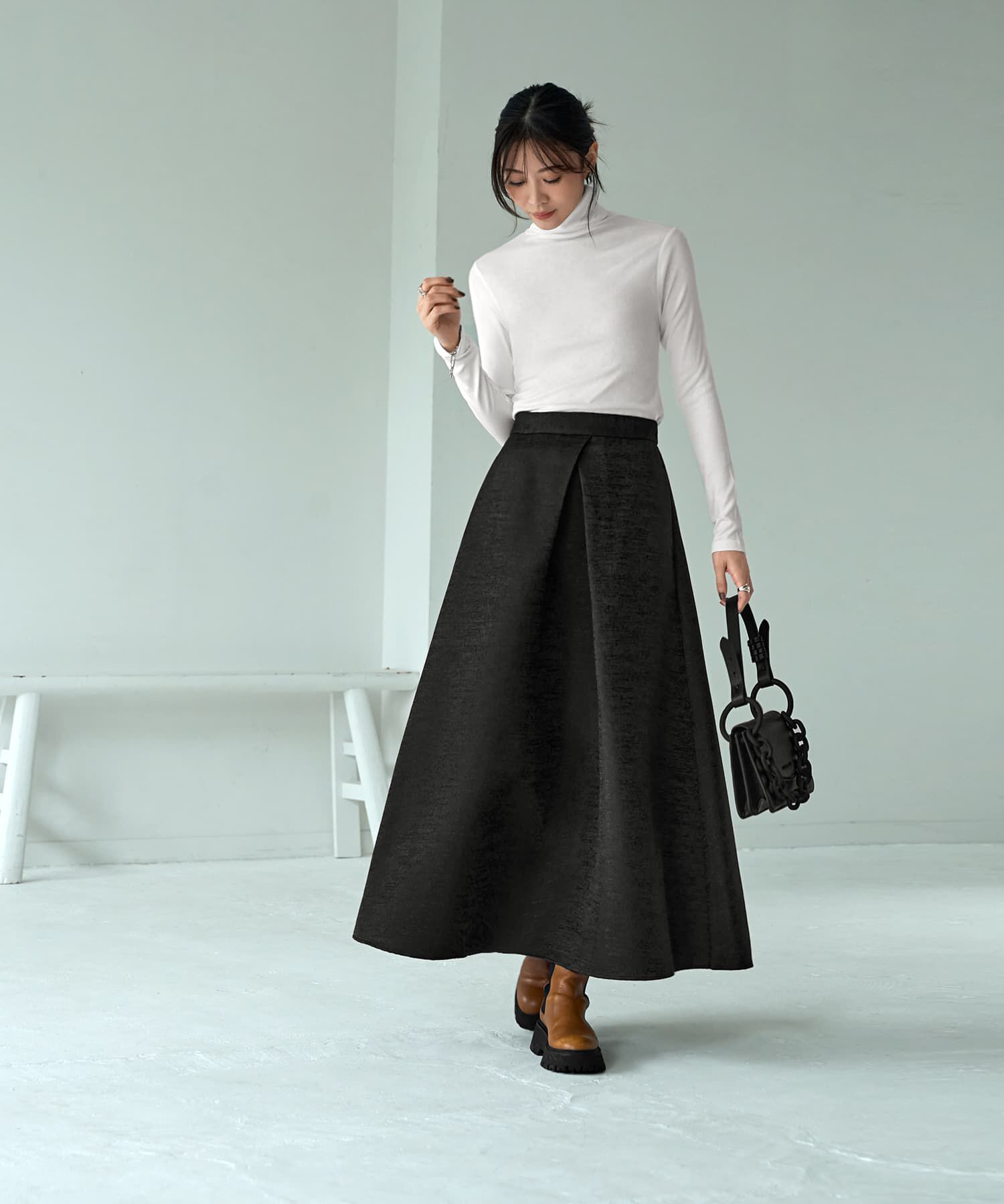 STYLE DELI「【LUXE】微光沢ジャガードマキシ丈タックスカート／90cm」|スカート|