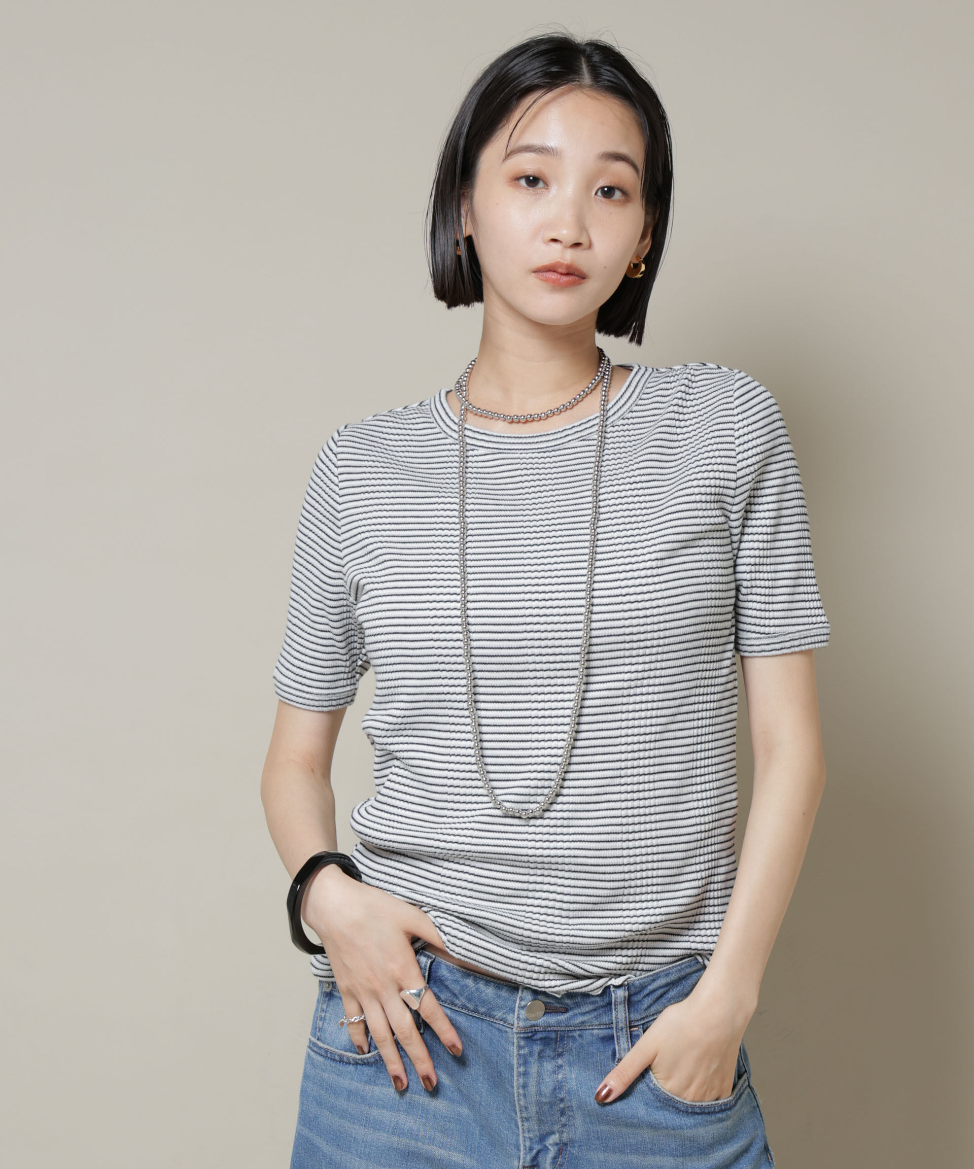 NANO universe「マルチボーダーテレコリブカットトップス」|Tシャツ・カットソー|ホワイト