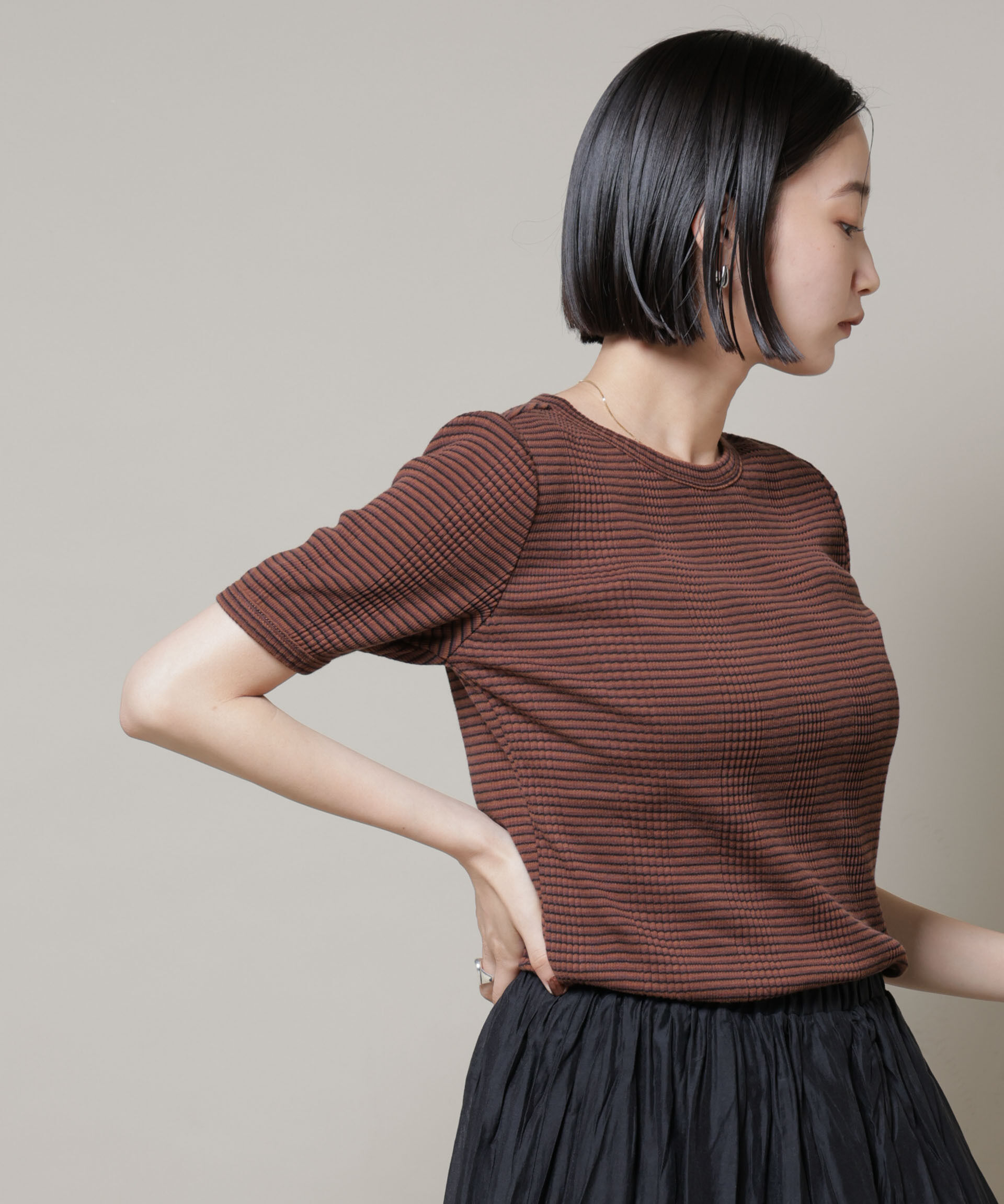 NANO universe「マルチボーダーテレコリブカットトップス」|Tシャツ・カットソー|