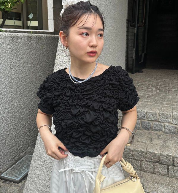  「【新色BRN】《6色展開/伸縮性あり◎》ふわふわシャーリングTシャツ」|Tシャツ・カットソー|