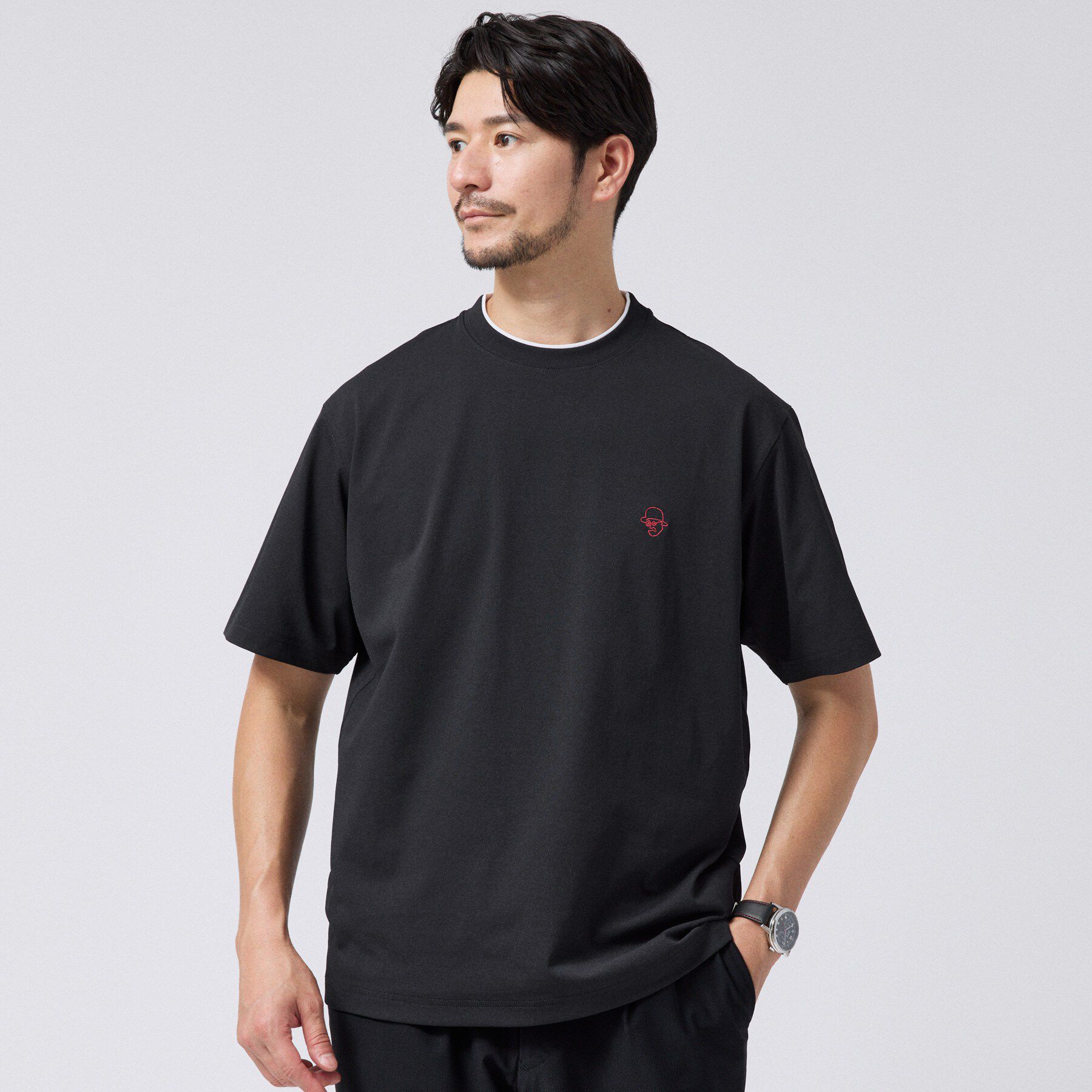 TAKEO KIKUCHI「【汗染み軽減/接触冷感】フェイクレイヤード ワンポイント刺繍Ｔシャツ」|Tシャツ・カットソー|ブラック(019)