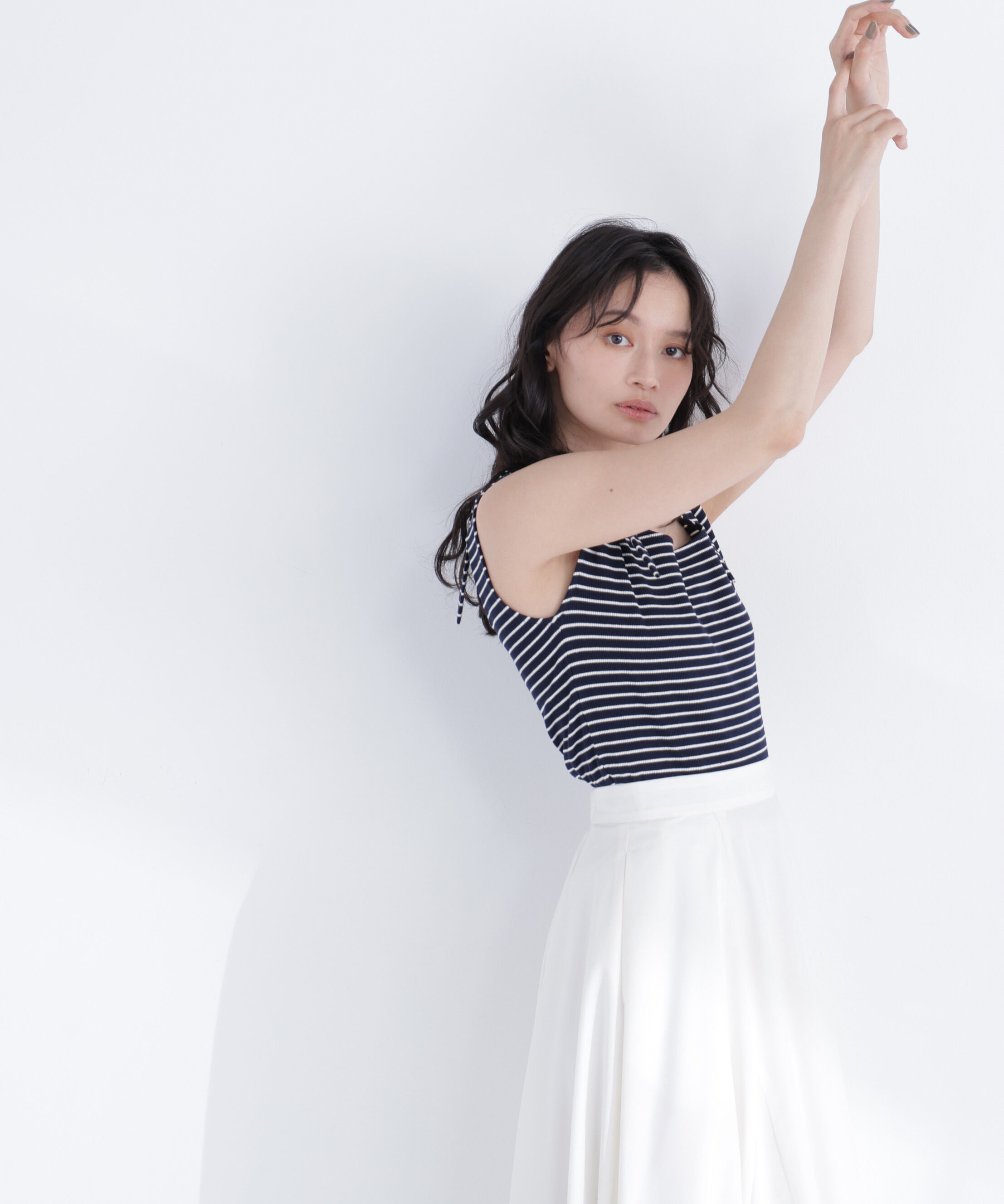  「ショルダーリボンボーダートップス」|Tシャツ・カットソー|