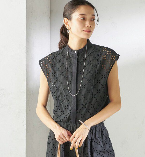 SHIPS for women「〈手洗い可能〉綿 刺繍 レース フレンチスリーブ ブラウス」|シャツ・ブラウス|ブラック