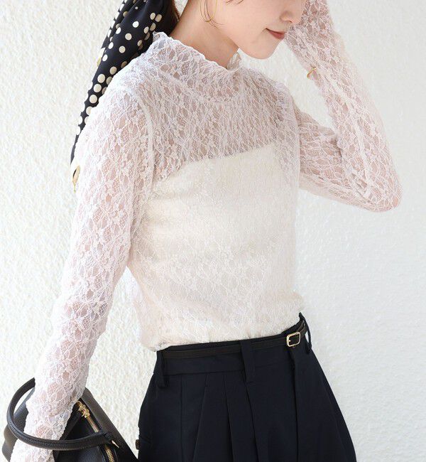 SHIPS for women「《予約》〈手洗い可能〉フラワー ストレッチ レース ハイネック トップス」|Tシャツ・カットソー|