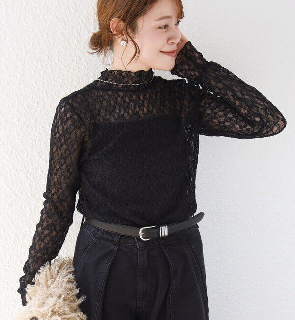 SHIPS for women「《予約》〈手洗い可能〉フラワー ストレッチ レース ハイネック トップス」|Tシャツ・カットソー|ブラック