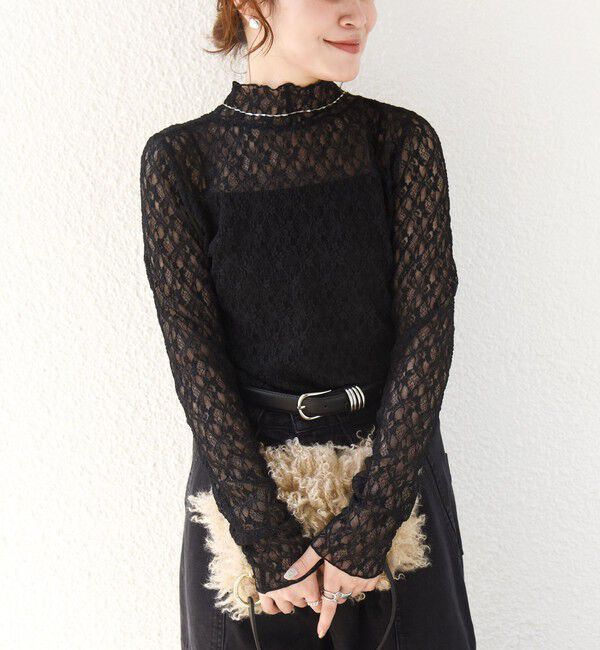 SHIPS for women「《予約》〈手洗い可能〉フラワー ストレッチ レース ハイネック トップス」|Tシャツ・カットソー|