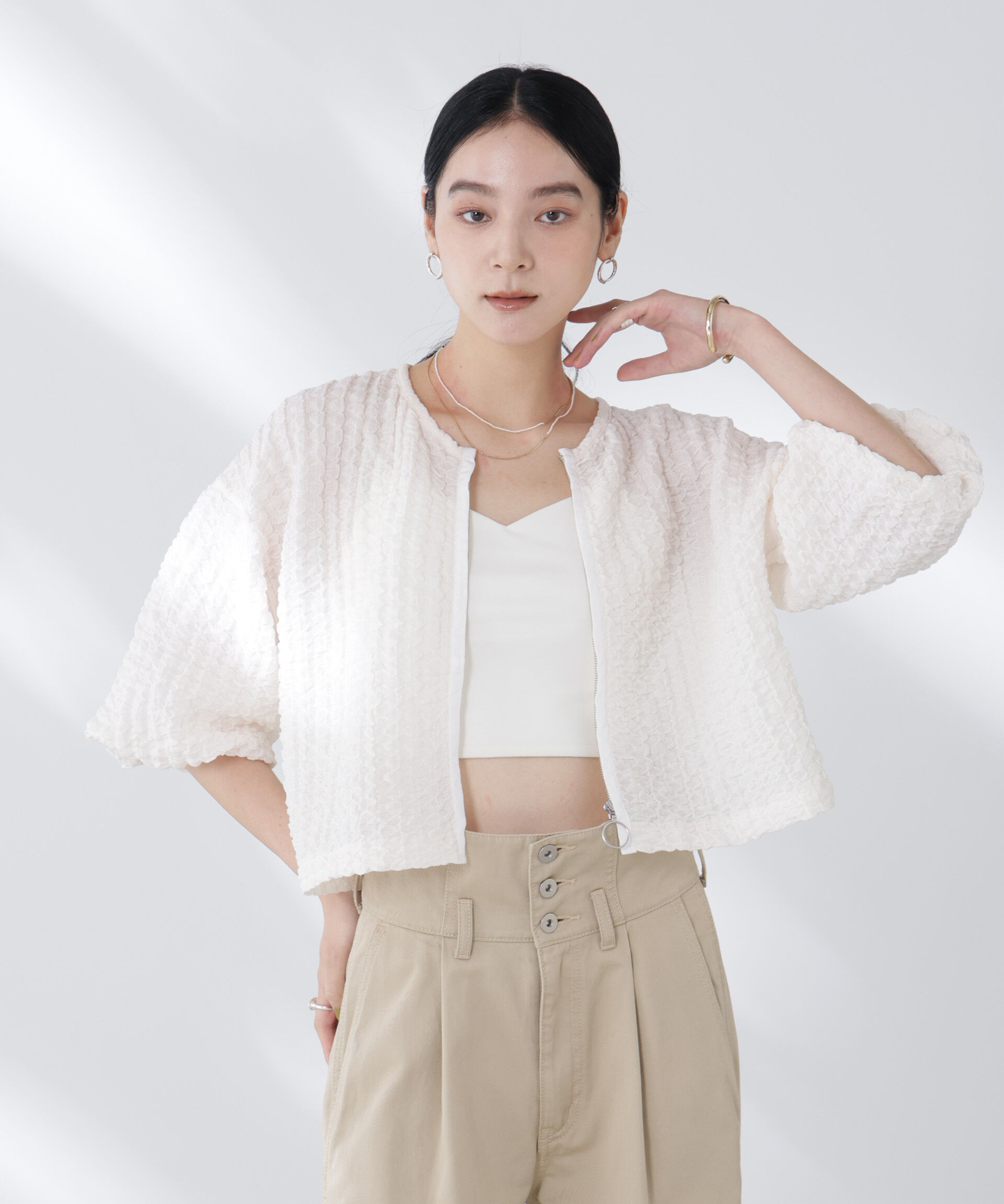 NANO universe「フクレシャーリングzipカーディガン」|Tシャツ・カットソー|