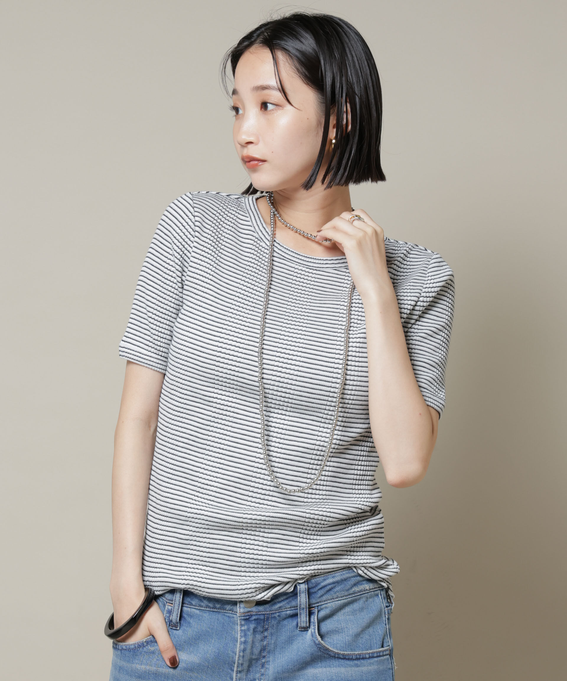 NANO universe「マルチボーダーテレコリブカットトップス」|Tシャツ・カットソー|