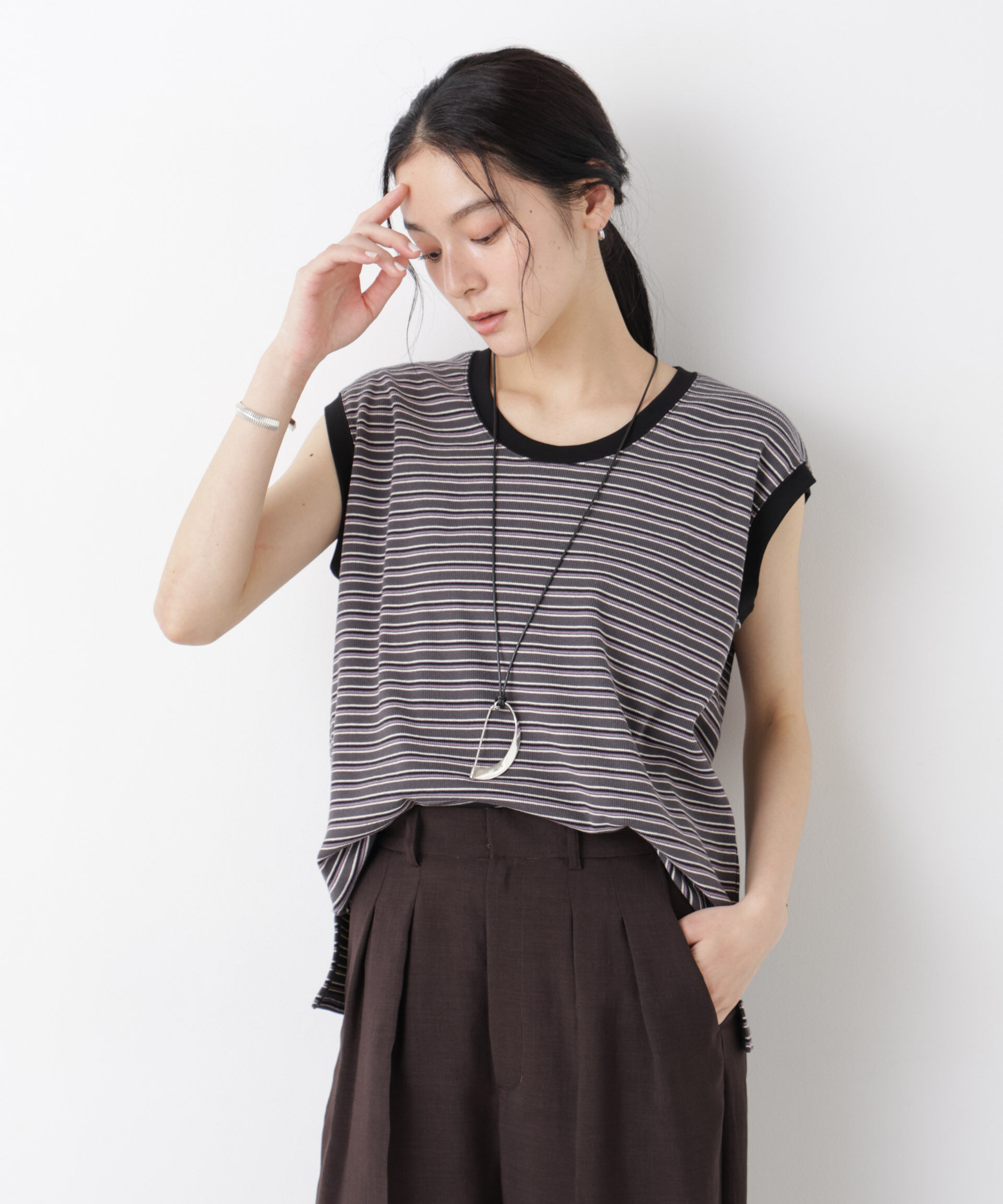 NANO universe「ボーダーテレコワイドノースリーブトップス」|Tシャツ・カットソー|グレー