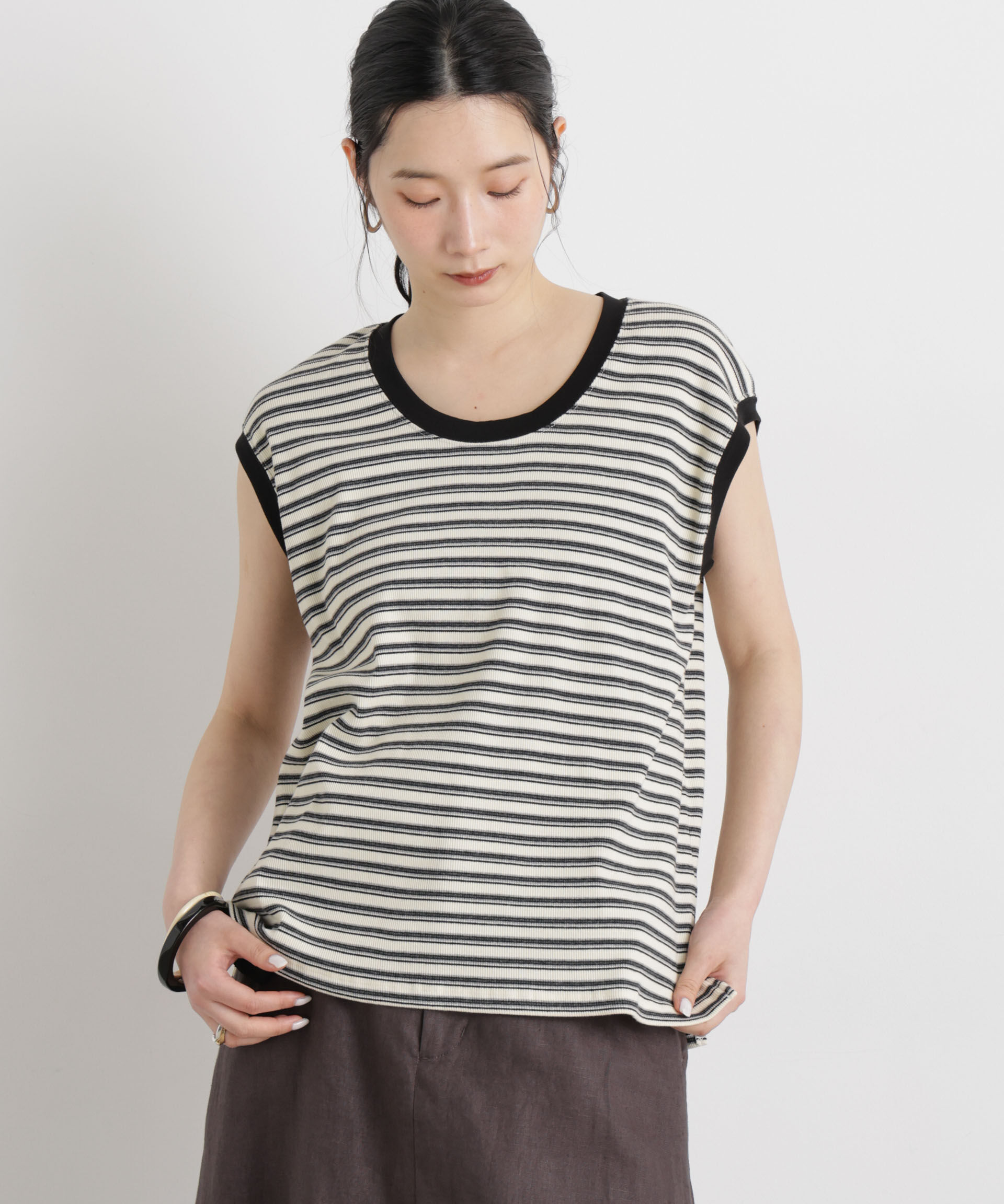 NANO universe「ボーダーテレコワイドノースリーブトップス」|Tシャツ・カットソー|