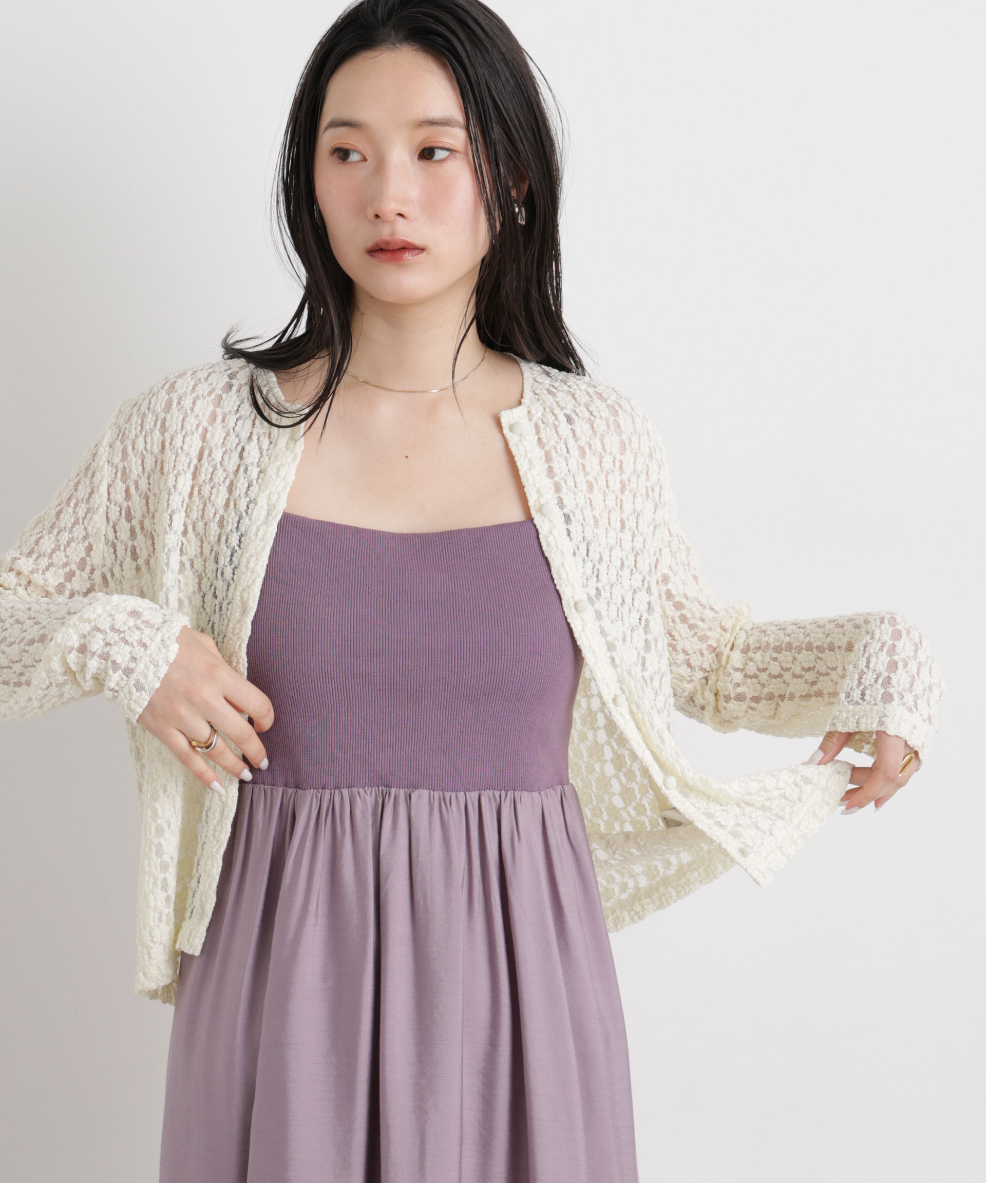 NANO universe「シュリンクレースカットカーディガン」|Tシャツ・カットソー|オフホワイト1