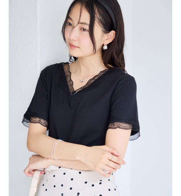 VIS「レーストリムVネックTシャツ/汗ジミ加工」|Tシャツ・カットソー|ブラック(01)
