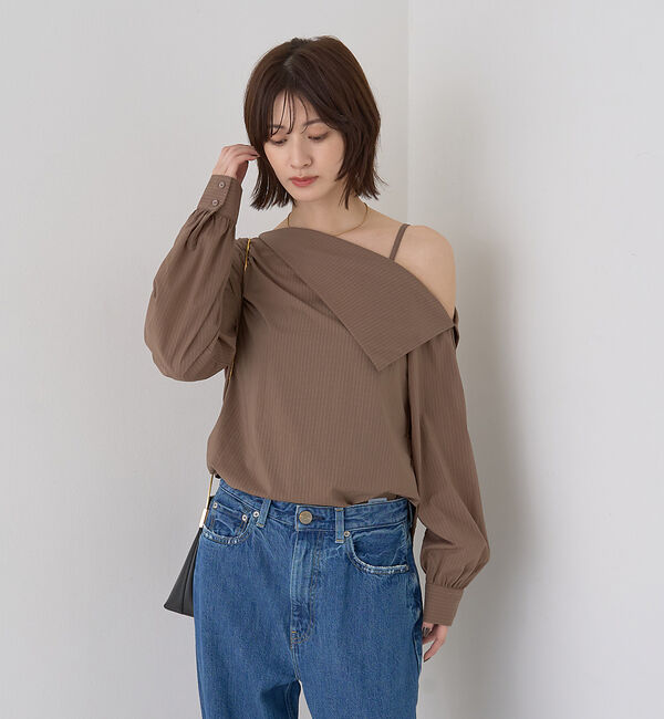 Rouge vif「【新色登場】【一部店舗限定】アシメオフショルブラウス ストライプ」|シャツ・ブラウス|