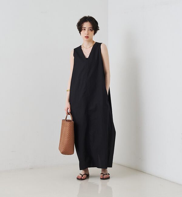 Rouge vif「【2サイズ展開】【定番人気】麻混ノースリーブVネックワンピース/ポケット付き/コ」|ワンピース|