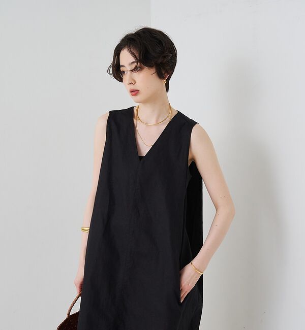 Rouge vif「【2サイズ展開】【定番人気】麻混ノースリーブVネックワンピース/ポケット付き/コ」|ワンピース|
