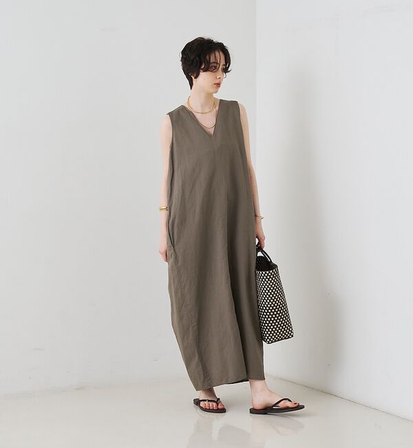 Rouge vif「【2サイズ展開】【定番人気】麻混ノースリーブVネックワンピース/ポケット付き/コ」|ワンピース|