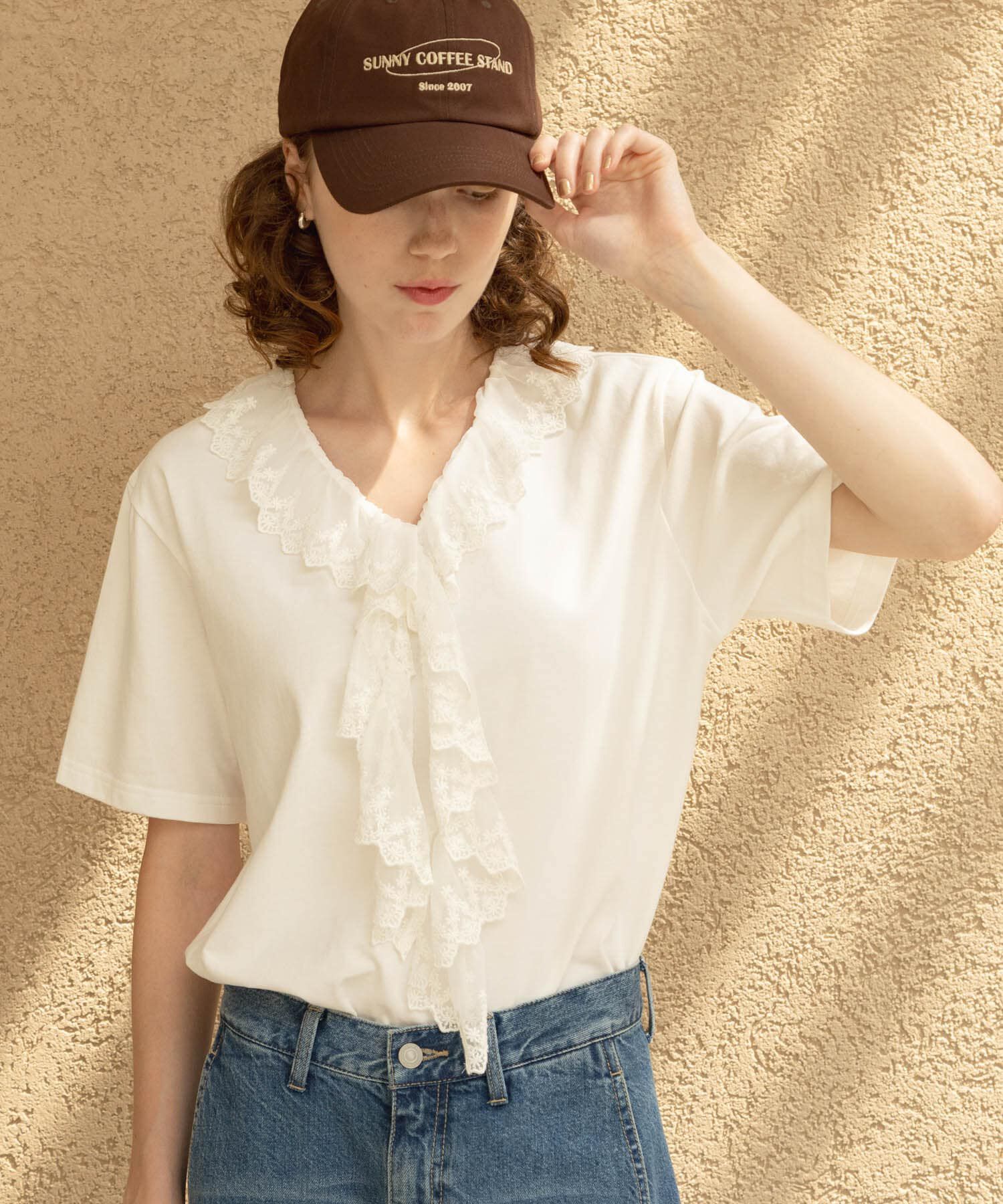 Sonny Label 「Vネックフリルレースカラープルオーバー」|Tシャツ・カットソー|