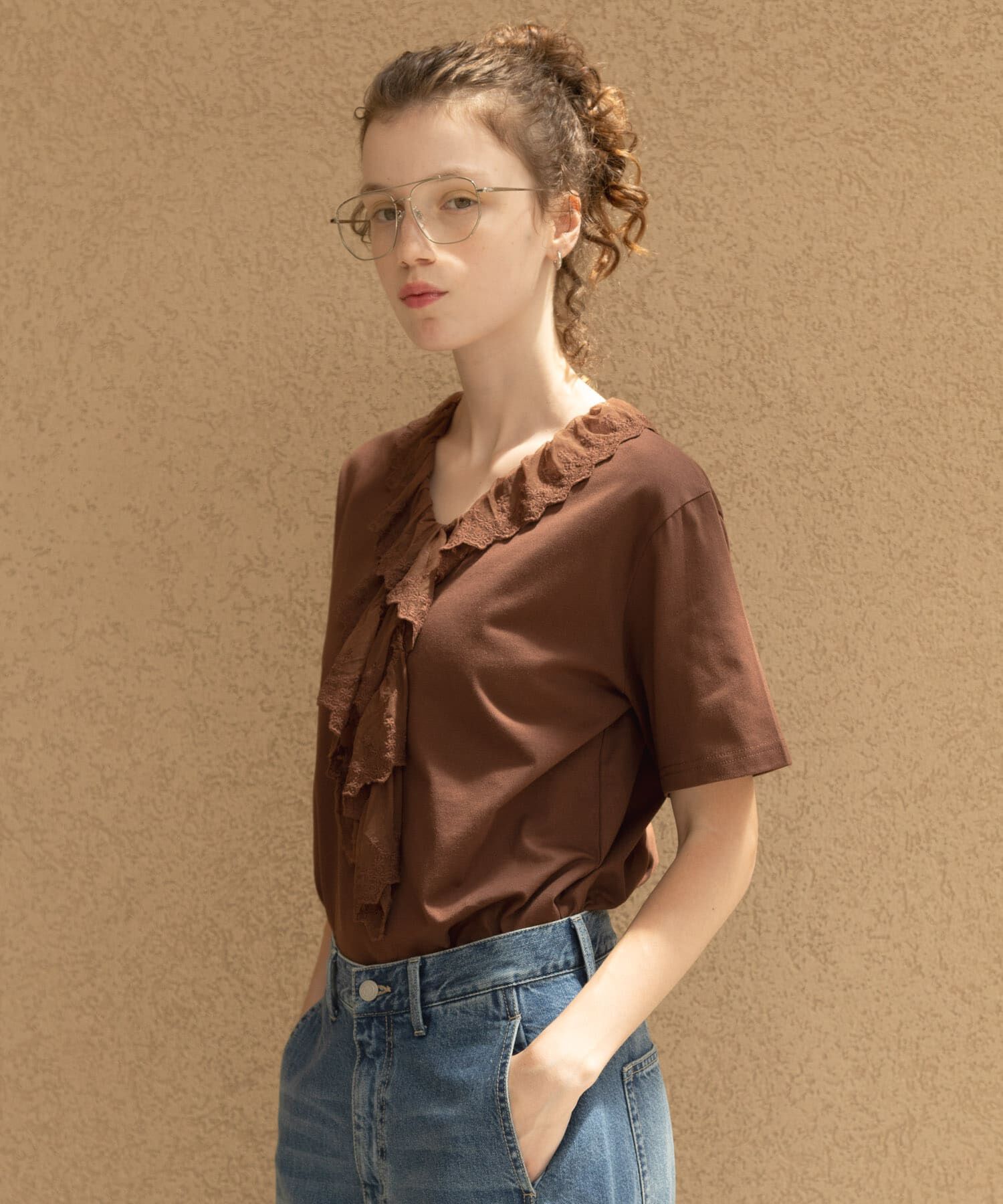 Sonny Label 「Vネックフリルレースカラープルオーバー」|Tシャツ・カットソー|