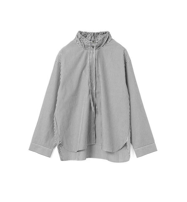 mizuiro ind「mizuiro ind ストライプギャザーネックシャツ」|シャツ・ブラウス|ブラック