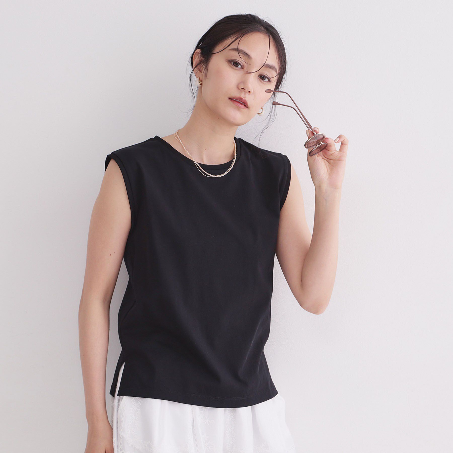 OPAQUE.CLIP「マルチボーダーアソート ノースリーブTシャツ【洗濯機OK】」|Tシャツ・カットソー|ブラック(019)
