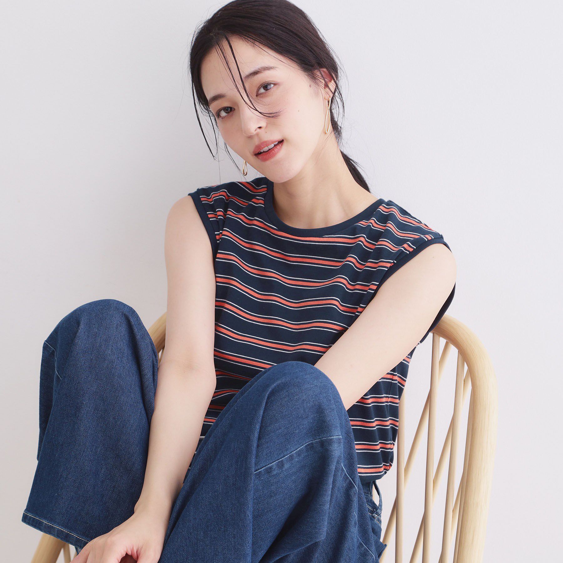 OPAQUE.CLIP「マルチボーダーアソート ノースリーブTシャツ【洗濯機OK】」|Tシャツ・カットソー|ネイビー(394)