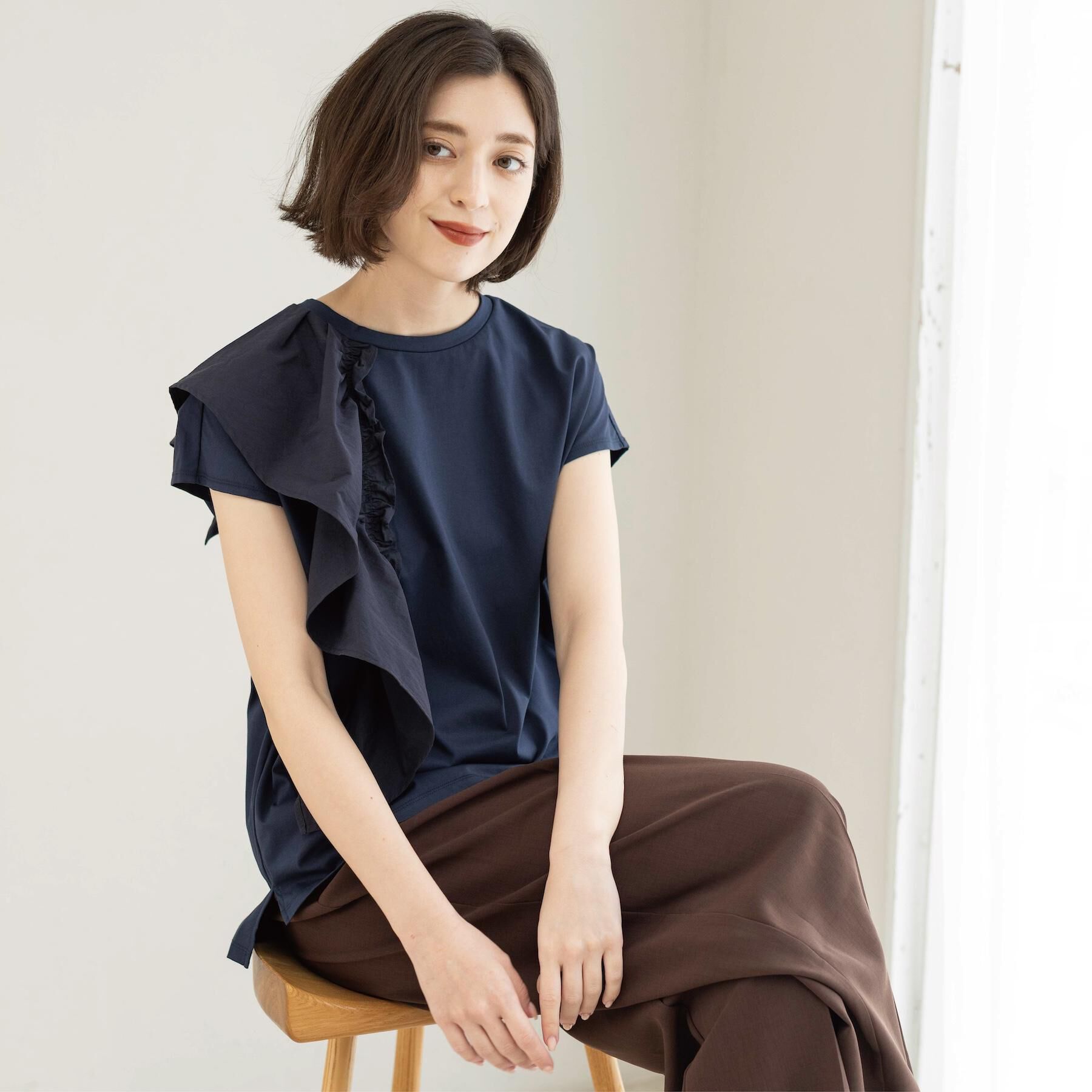 OPAQUE.CLIP「【UVケア／接触冷感】アシメフリルドッキングカットソー《洗濯機OK》」|Tシャツ・カットソー|