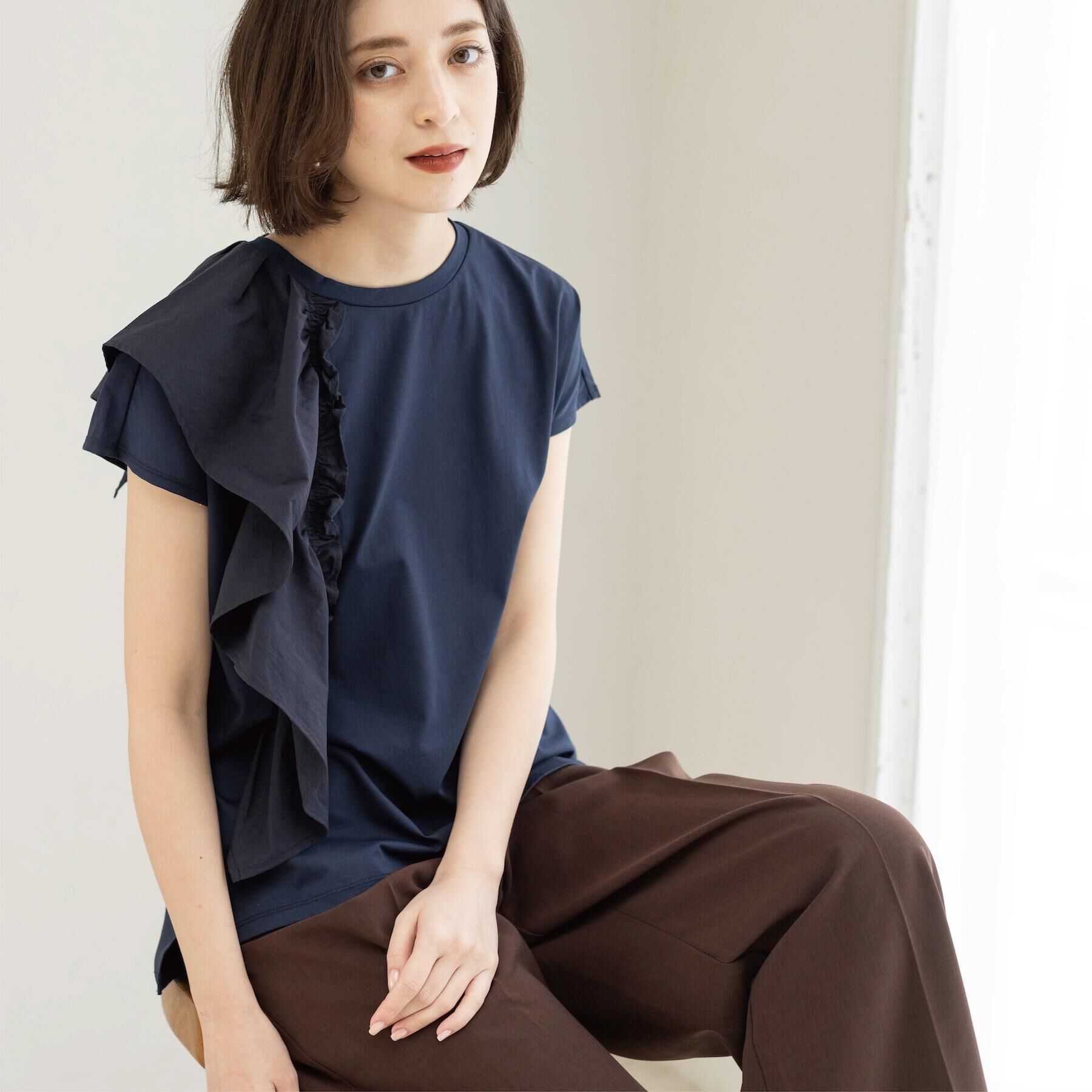 OPAQUE.CLIP「【UVケア／接触冷感】アシメフリルドッキングカットソー《洗濯機OK》」|Tシャツ・カットソー|