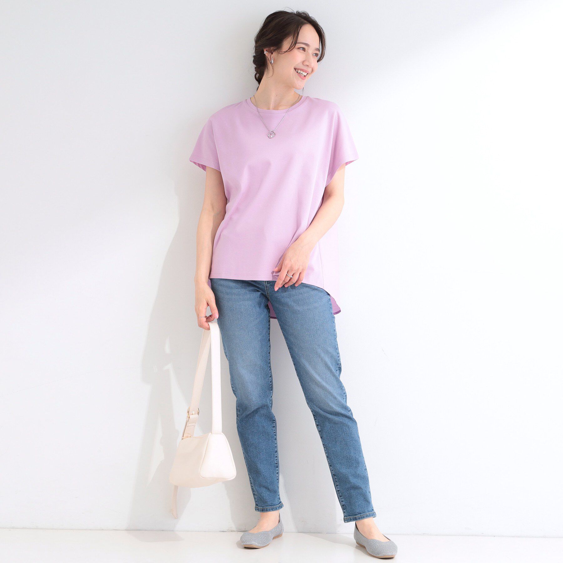 SHOO･LA･RUE「【体型カバー/S-LL】インせず着られる ひんやりシャツ素材切替Tシャツ」|Tシャツ・カットソー|