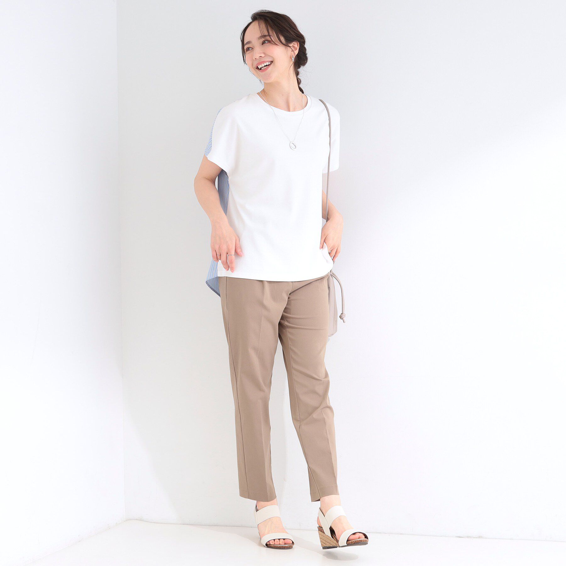 SHOO･LA･RUE「【体型カバー/S-LL】インせず着られる ひんやりシャツ素材切替Tシャツ」|Tシャツ・カットソー|