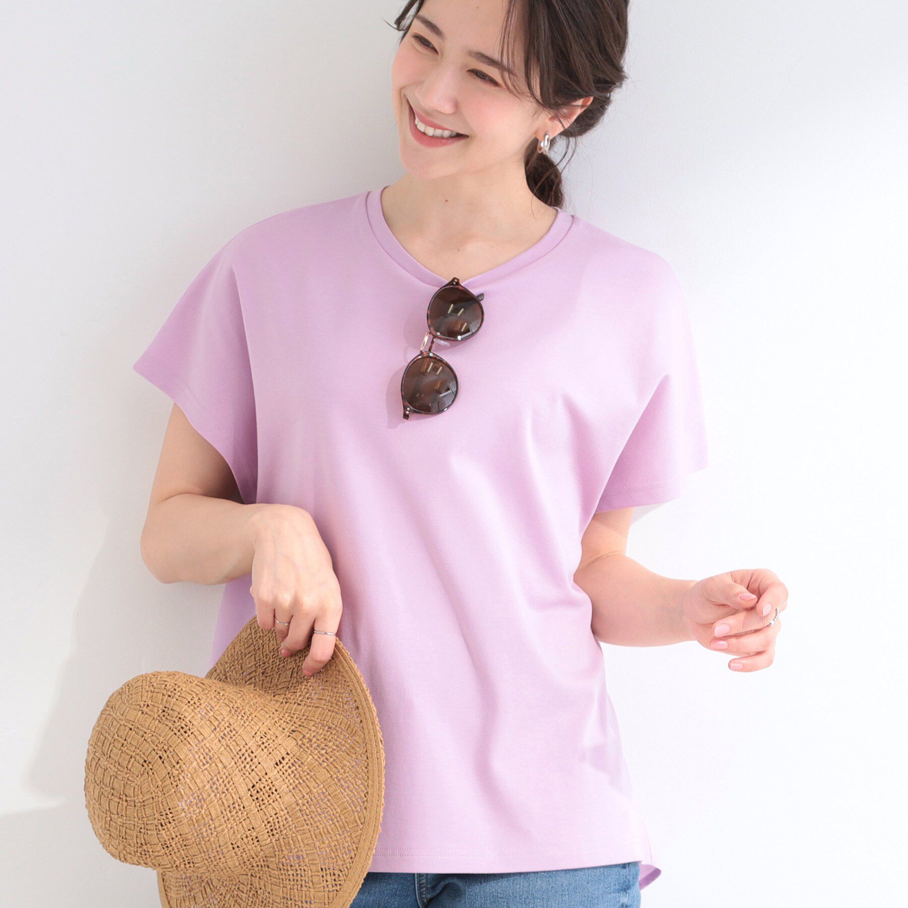 SHOO･LA･RUE「【体型カバー/S-LL】インせず着られる ひんやりシャツ素材切替Tシャツ」|Tシャツ・カットソー|ピンク(071)