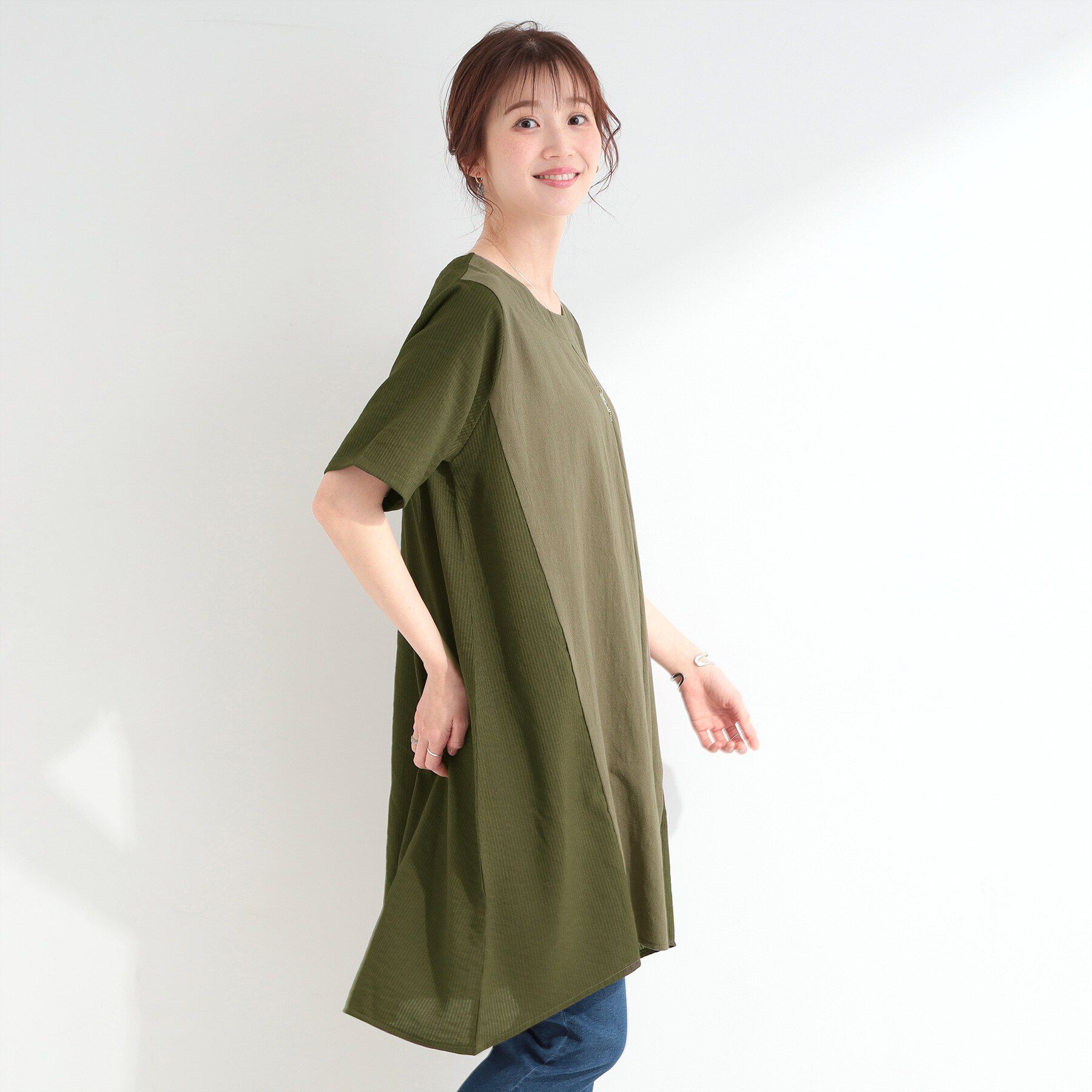 SHOO･LA･RUE「【洗濯機可/体型カバー】上から着るだけ 異素材切替 Aラインチュニックワンピース」|チュニック|