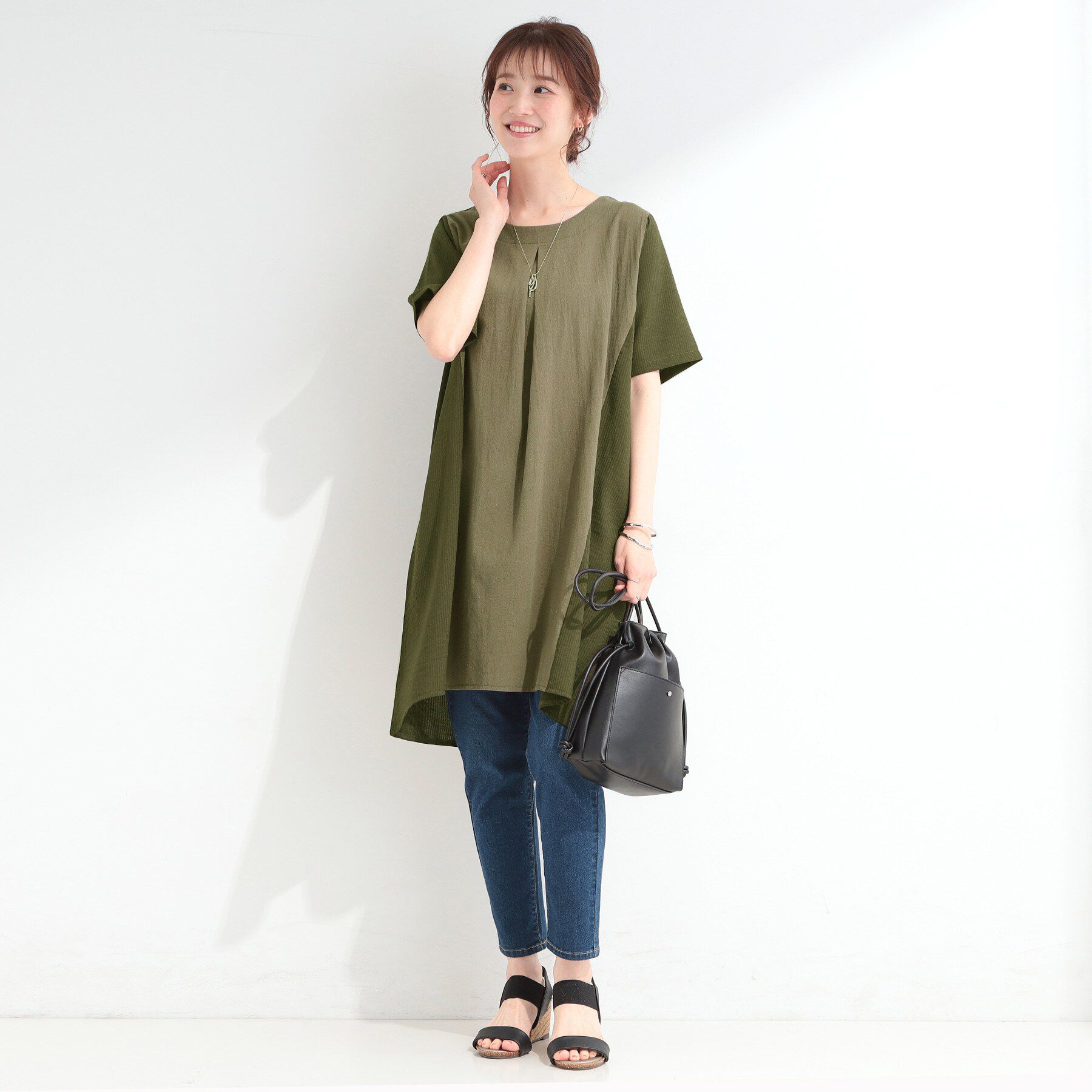 SHOO･LA･RUE「【洗濯機可/体型カバー】上から着るだけ 異素材切替 Aラインチュニックワンピース」|チュニック|