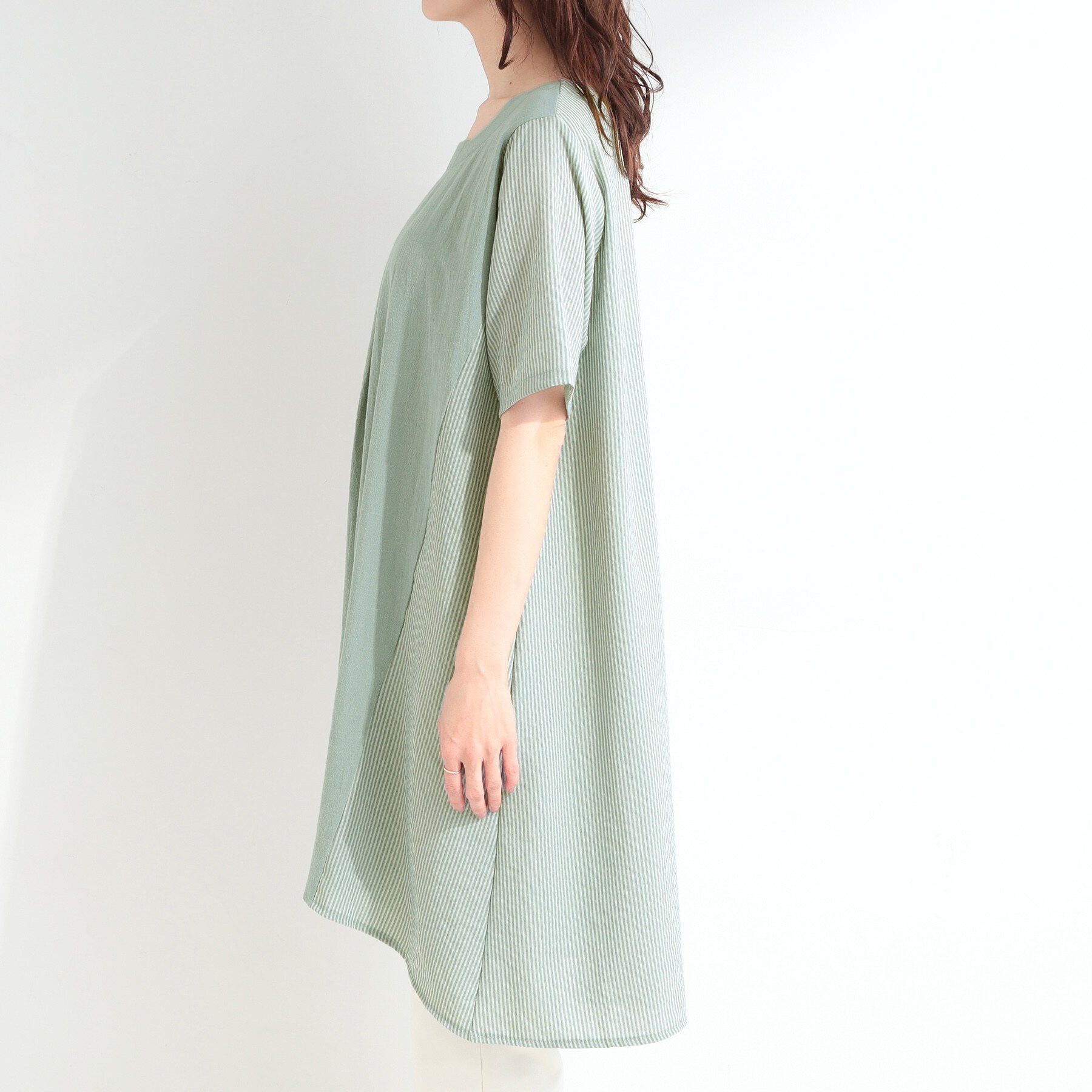 SHOO･LA･RUE「【洗濯機可/体型カバー】上から着るだけ 異素材切替 Aラインチュニックワンピース」|チュニック|