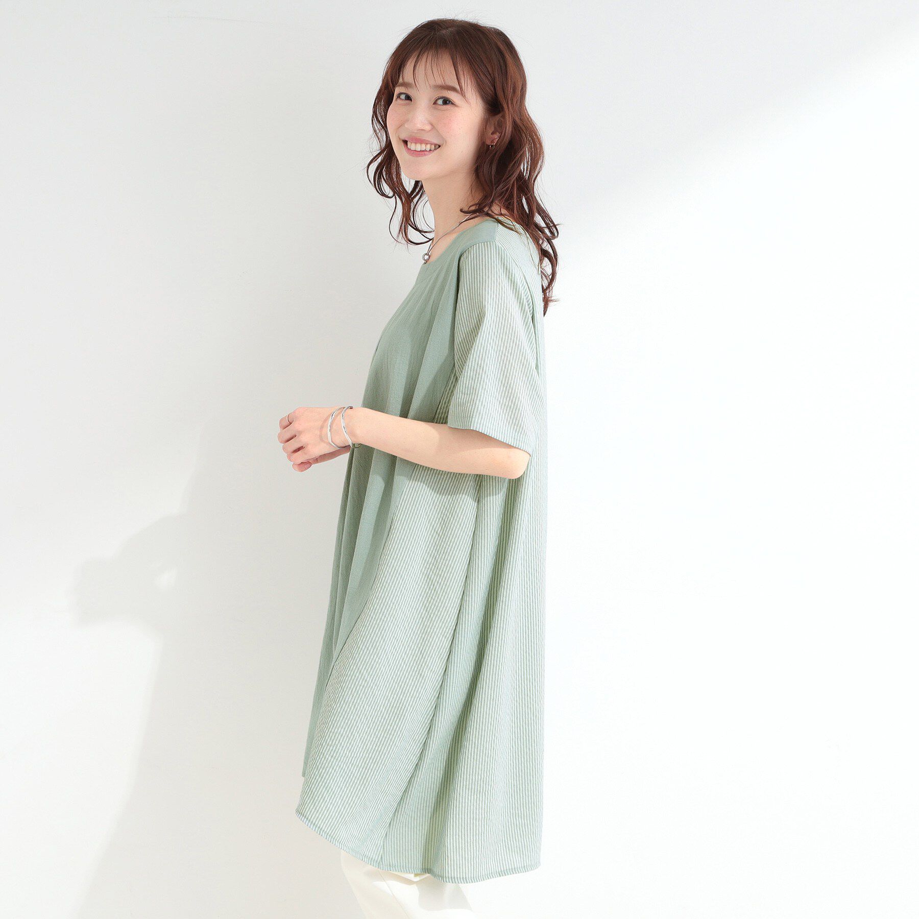 SHOO･LA･RUE「【洗濯機可/体型カバー】上から着るだけ 異素材切替 Aラインチュニックワンピース」|チュニック|