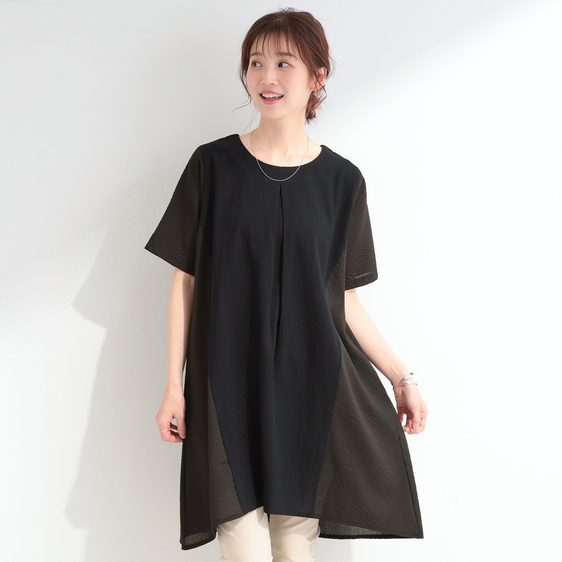 SHOO･LA･RUE「【洗濯機可/体型カバー】上から着るだけ 異素材切替 Aラインチュニックワンピース」|チュニック|